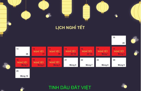 THÔNG BÁO LỊCH NGHỈ TẾT TINH DẦU ĐẤT VIỆT