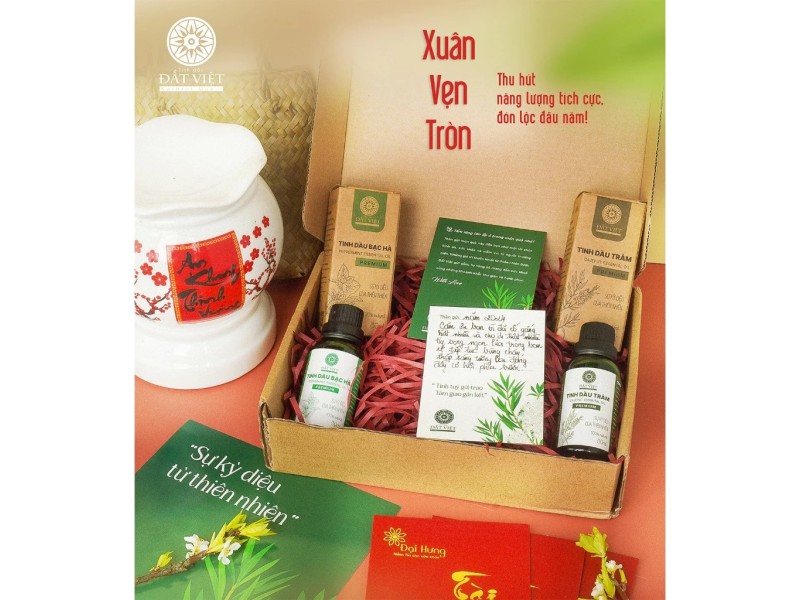 Set quà tặng tinh dầu thượng hạng "Vẹn tròn" - Tinh dầu tràm, sả chanh, bạc hà, bưởi, đèn xông gốm