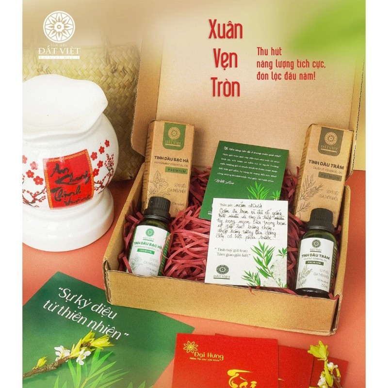 Set quà tặng tinh dầu thượng hạng "Vẹn tròn" - Tinh dầu tràm, sả chanh, bạc hà, bưởi, đèn xông gốm